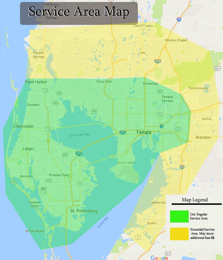 Tampa Bay Chef Services area map. 