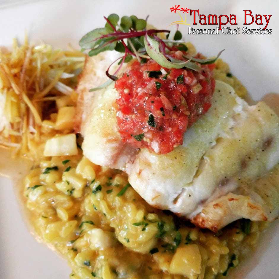 Florida grouper with scallop risotto dinner dish